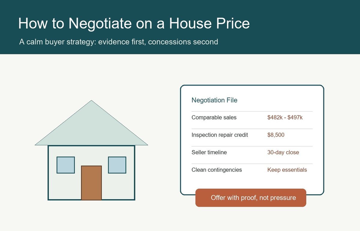 Negotiation file with comparable sales, inspection credit, seller timeline, and home offer strategy
